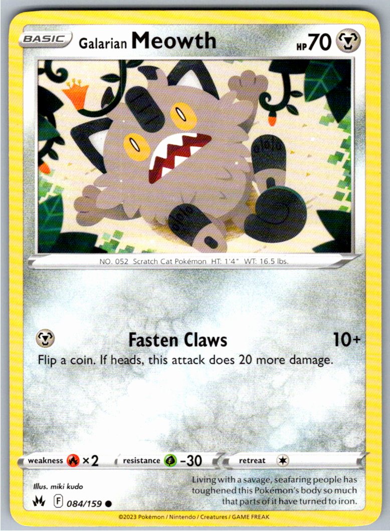 Pokemon Galarian Meowth Metal 084/159 SWSH: Crown Zenith Common NM