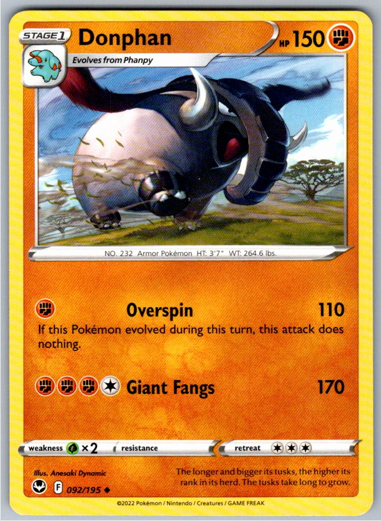 Pokemon Donphan Fighting 092/195 SWSH12: Silver Tempest Uncommon NM