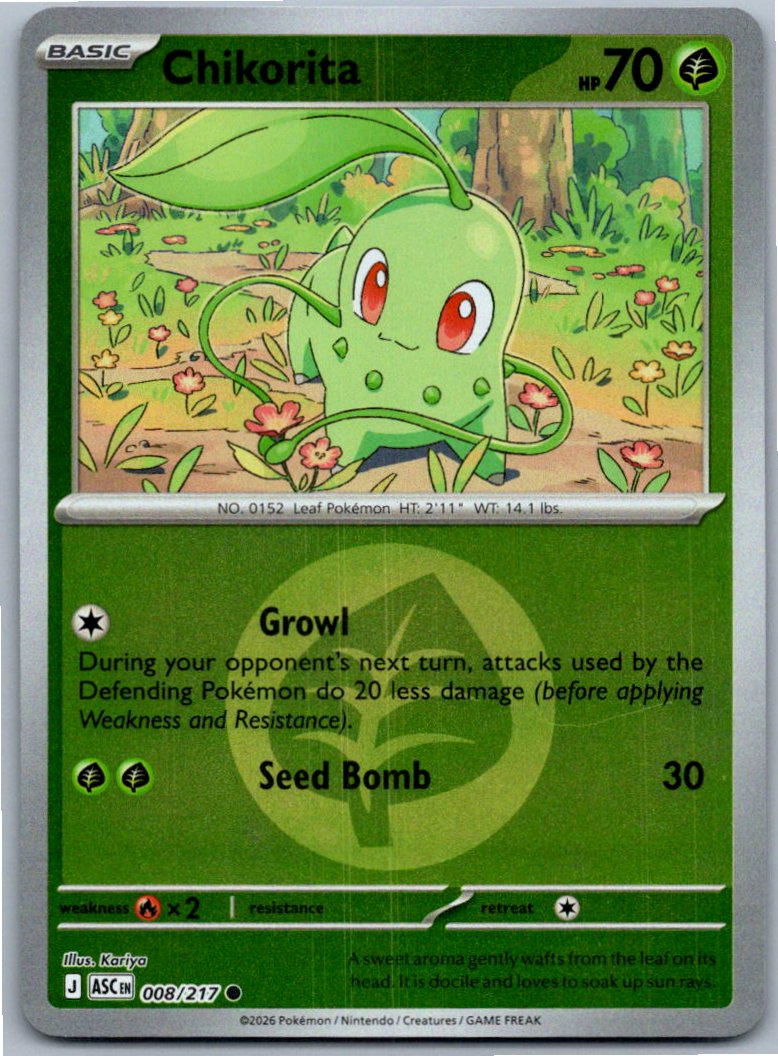 Pokemon Chikorita (Energy Symbol Pattern) Grass 008/217 ME: Ascended Heroes Common Reverse Holo NM