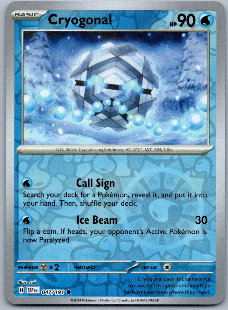 Pokemon Cryogonal Water 047/191 SV08: Surging Sparks Common NM